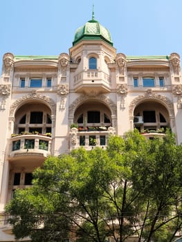 The beautiful Art Nouveau facade of the Building of Smederevo Bank, Smederevska Banka in the city center of Belgrade, Serbia 2022