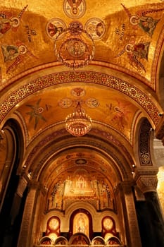One of the side alters inside the Church of Saint, St. Sava, vaults and ceiling are covered in golden mosaics, Belgrade, Serbia 2022
