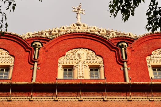 Details on the upper facade of the city hall, town hall of Subotica, an example of Art Nouveau architecture in the city center, Subotica, Serbia 2022