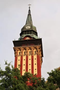 The clock tower of the city hall, town hall of Subotica, an example of Art Nouveau architecture in the city center, Subotica, Serbia 2022