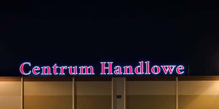 Neon Shopping Center Sign at night Neon in Polish language - Centrum Handlowe