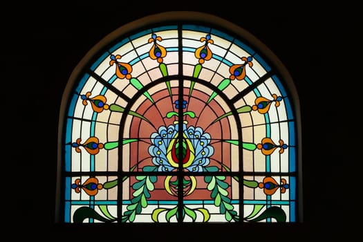 Colorful stained glass window inside the Synagogue of Subotica, second floor, Subotica, Serbia 2022