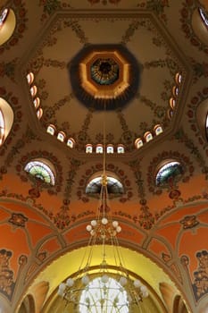 The ceiling inside the Synagogue of Subotica, the ceiling is covered in colorful ceiling paintings, frescos, Subotica, Serbia 2022