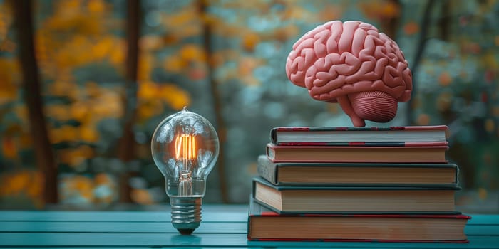 Human brain with books and light bulb, education and science concept, learning new skill, have wisdom and knowledge, back to school