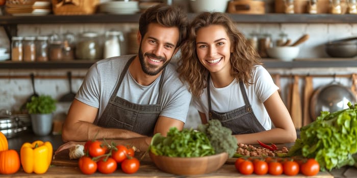 Young couple is cooking together, healthy lifestyle, fresh fruits and vegetables, rural kitchen, italian food