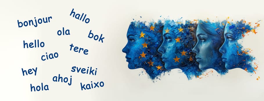 European languages, word hello in different language spoken in Europe, concept of multilingual business and community, multilingualism in the EU