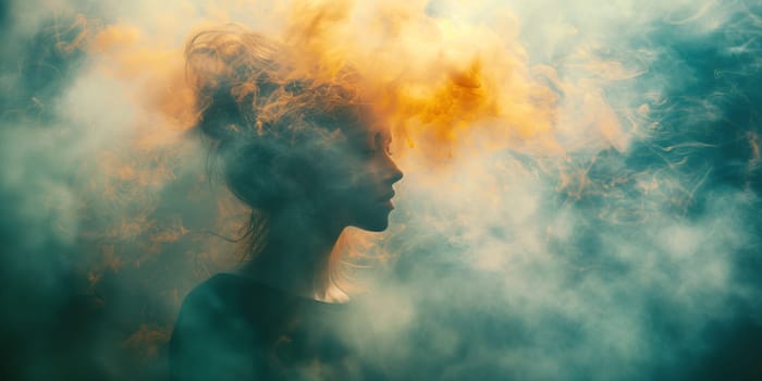 Woman, mind in dark cloud, depression, trauma, loneliness and mental health, brain fog by dementia, confusion and stress