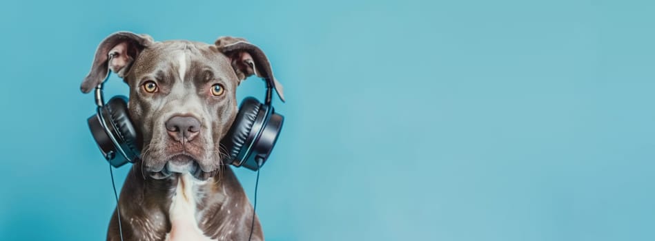 Dog with headphone, listening to sound and acoustic wave, love and emotion, funny animal, blue background, international music day