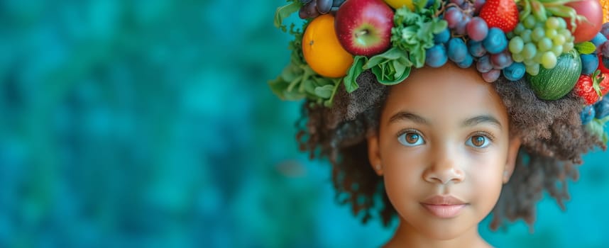 Portrait of a girl with fruits in her hair, strawberry, grapes, orange and blueberries, healthy eating, harvest in summer, child with fruit wreath