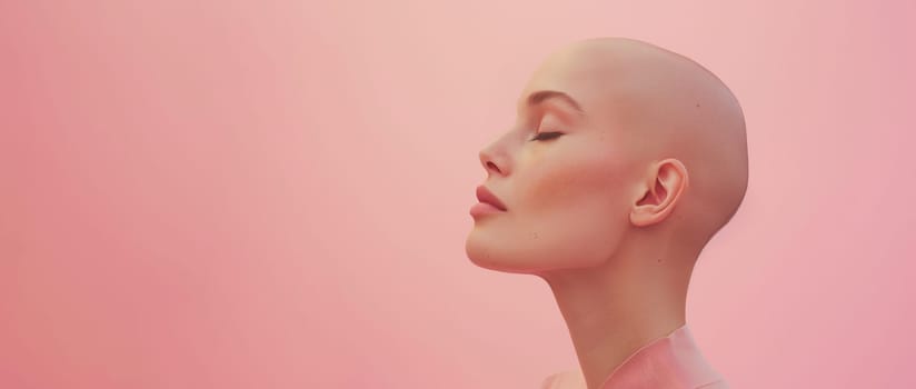 Woman suffers from cancer tumor, portrait of young bald headed patient, pink background
