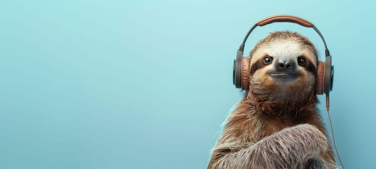 Sloth with headphone, listening to sound and acoustic wave, love and emotion, funny animal, blue background, international music day
