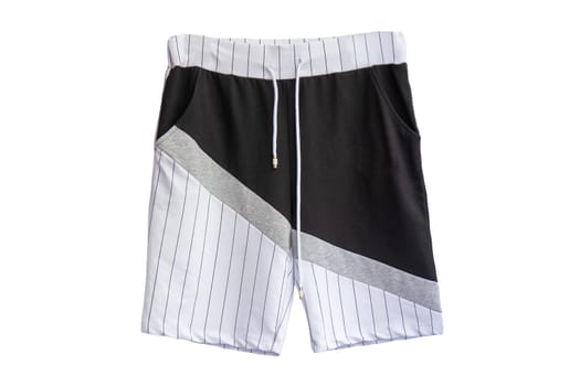 Mens shorts isolated. Trendy stylish short pants with white ribbon for swimming isolated on a white background. Fashionable black and white striped short pants. Swimwear for man.