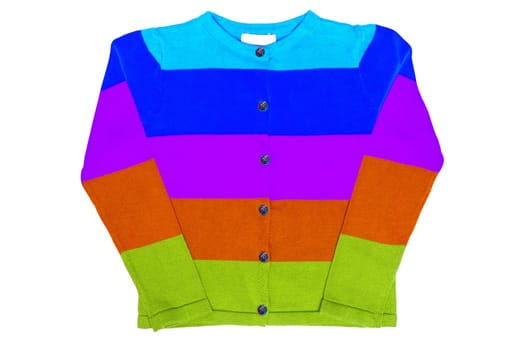 Boys clothes. A beautiful colorful striped little boy sweater or knitted cardigan isolated on a white background. Children and kids fashion. Autumn and winter fashion.