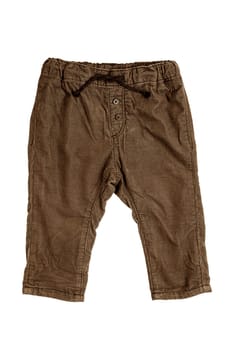 Children pants isolated. Closeup of sepia brown denim pants isolated on a white background. Sporty fashion for kids. Front and back view.