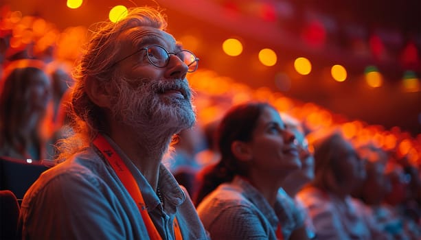 Audience at the modern conference hall listens to panel discussion, people on a congress together listen to speaker on stage at convention, business seminar, amphitheater venue for congress