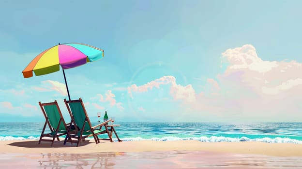 Beautiful beach. Chairs on the sandy beach near the sea. Summer holiday and vacation concept for tourism. Inspirational tropical landscape pastel colors. Parasol