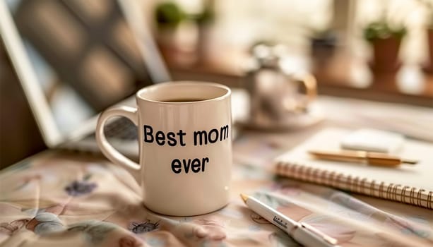 Cup with text BEST MOM EVER for Mother's day on table. office or workplace. Close up