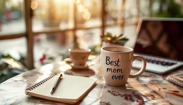 Cup with text BEST MOM EVER for Mother's day on table. office or workplace. Close up