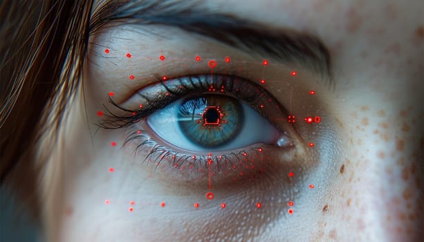 Face analysis. Future. Face Detection. Technological 3d Scanning. Biometric Facial Recognition. Face Id. Technological Scanning Of The Face Of Beautiful Caucasian woman