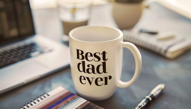 White mug with the text "Best dad ever"" on workplace. Office desk. Father's Day concept, background for congratulating cards with a cup with the inscription Best Father ever, business notebook and pencils. copy space Close up"