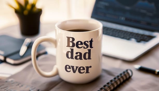 White mug with the text "Best dad ever"" on workplace. Office desk. Father's Day concept, background for congratulating cards with a cup with the inscription Best Father ever, business notebook and pencils. copy space Close up"