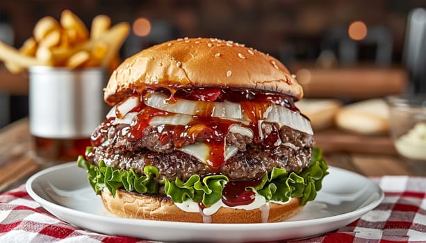 Close up view of Fresh tasty beef burger and French fries on wooden tray with seasoning on rustic table in fast food restaurant. Hamburger with bacon and cheese