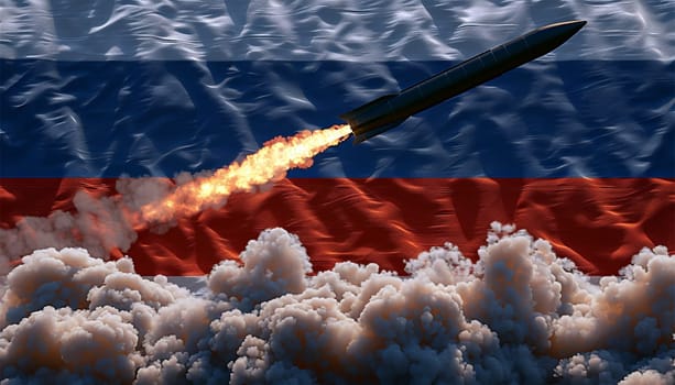 Cruise missiles, flag of Russia in background - defense concept - 3D illustration bomb war concept