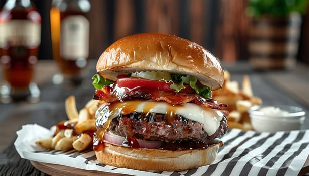 Close up view of Fresh tasty beef burger and French fries on wooden tray with seasoning on rustic table in fast food restaurant. Hamburger with bacon and cheese