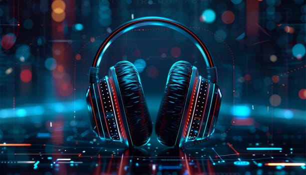 3D music headphone in cyberpunk futuristic background. Neon flickering and glow Wireless headset in blue pink neon effect. Gaming design copy space
