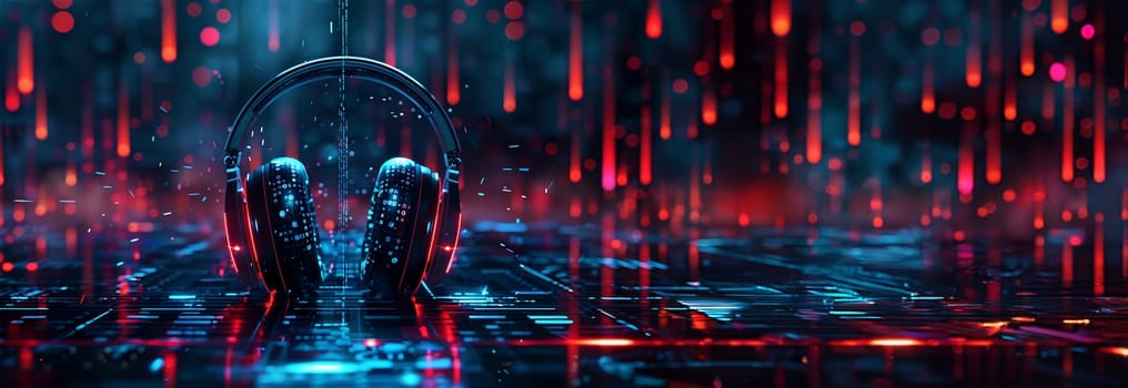 3D music headphone in cyberpunk futuristic background. Neon flickering and glow Wireless headset in blue pink neon effect. Gaming design copy space