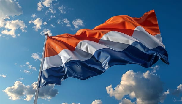 Dutch Flag Seamless Smooth Waving Animation. Wonderful Flag of the Netherlands with Folds. Symbol of the Kingdom of the Netherlands. Flag background. In the blue sky. Holland