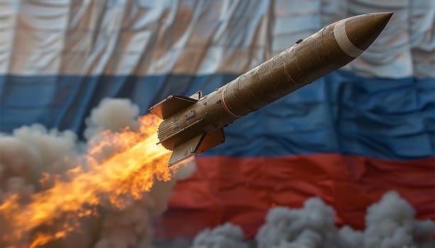 Cruise missiles, flag of Russia in background - defense concept - 3D illustration bomb war concept