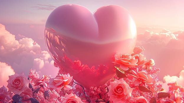 Pink heart in magical sky with pastel clouds in the sunset sky. Pink light heart shaped clouds. Love. sky for Valentine's Day, Wedding, Mother's Day. Holidays of love and tenderness Romantic Love