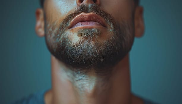 Handsome bearded man's jawline. Close-up of the lower part of a man's face, chin, bristles. Isolated over white background