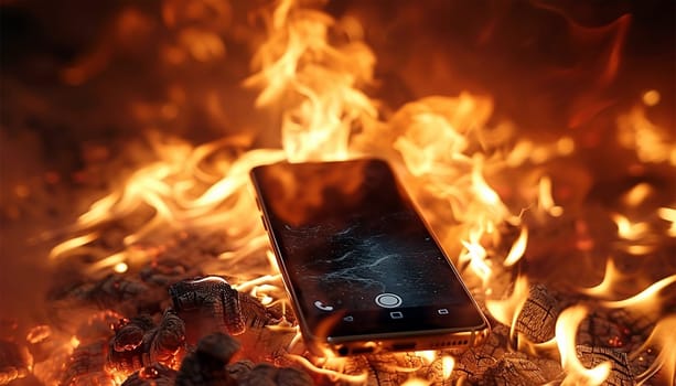 Mobile phone battery overheated burning flames. Smartphone on fire. Burning smartphone with bad battery exploded or overloaded processor Overprocessed burn