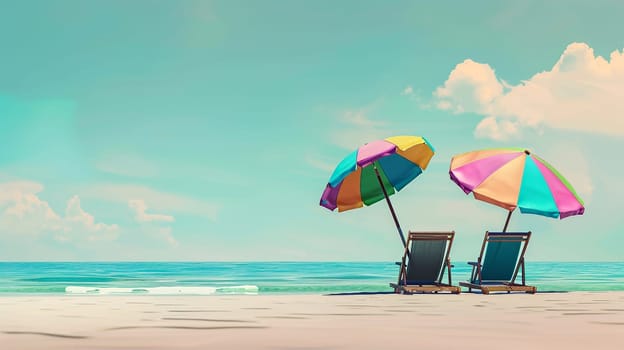 Beautiful beach. Chairs on the sandy beach near the sea. Summer holiday and vacation concept for tourism. Inspirational tropical landscape pastel colors. Parasol