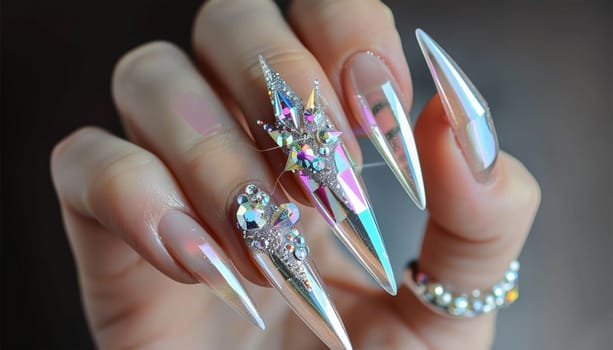 Female hand with silver nail design. Glitter silver nail polish manicure. Model hand with perfect manicure hold white lace fabric on white background. Nail art