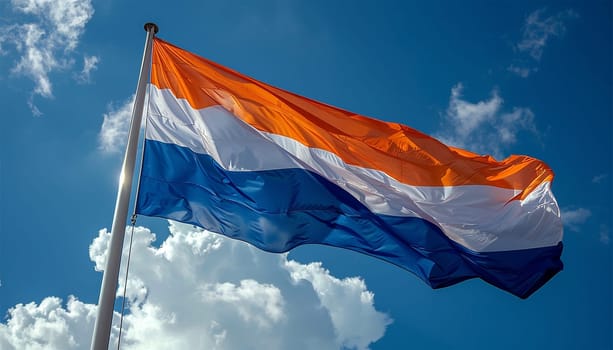 Dutch Flag Seamless Smooth Waving Animation. Wonderful Flag of the Netherlands with Folds. Symbol of the Kingdom of the Netherlands. Flag background. In the blue sky. Holland