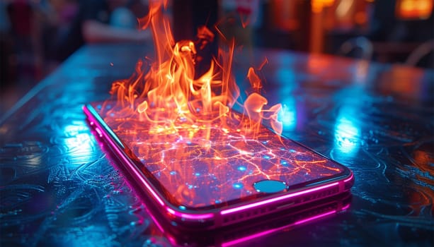 Mobile phone battery overheated burning flames. Smartphone on fire. Burning smartphone with bad battery exploded or overloaded processor Overprocessed burn