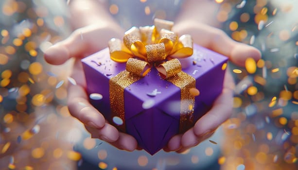 Purple giftbox flying with golden particles. Realistic violet gift box with golden ribbon bow background. Concept of abstract holiday, birthday or wedding present or surprise. Mother's Day. pastel