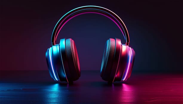 3D music headphone in cyberpunk futuristic background. Neon flickering and glow Wireless headset in blue pink neon effect. Gaming design copy space