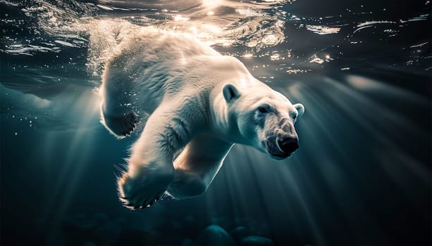 Action closeup of polar bear with big paws swimming undersea with bubbles under the water surface in a wildlife. Concept of dangerous climate change, endangered wild animals Slow-motion Beauty