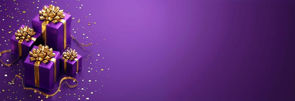 Purple giftbox flying with golden particles. Realistic violet gift box with golden ribbon bow background. Concept of abstract holiday, birthday or wedding present or surprise. Mother's Day. pastel