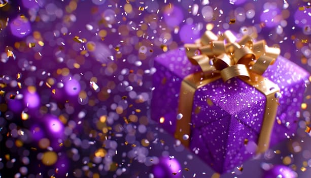 Purple giftbox flying with golden particles. Realistic violet gift box with golden ribbon bow background. Concept of abstract holiday, birthday or wedding present or surprise. Mother's Day. pastel
