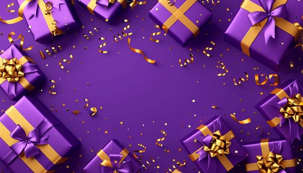 Purple giftbox flying with golden particles. Realistic violet gift box with golden ribbon bow background. Concept of abstract holiday, birthday or wedding present or surprise. Mother's Day. pastel