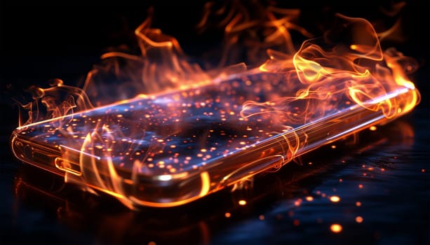 Mobile phone battery overheated burning flames. Smartphone on fire. Burning smartphone with bad battery exploded or overloaded processor Overprocessed burn