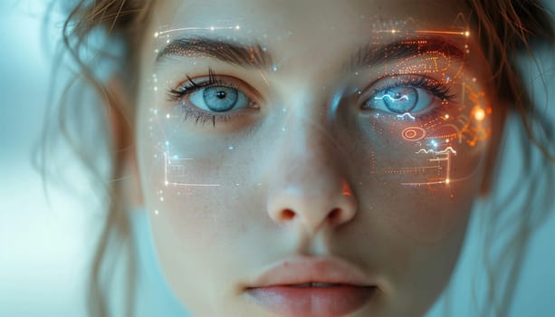Face analysis. Future. Face Detection. Technological 3d Scanning. Biometric Facial Recognition. Face Id. Technological Scanning Of The Face Of Beautiful Caucasian woman