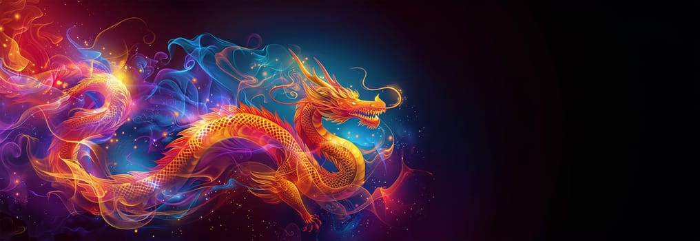 Chinese dragon neon glow and smoke. Chinese New Year 2024, Year of the Dragon animation, flickering colorful neon sign, Chinese Dragon with New Year greetings on black background loop on dark background neon