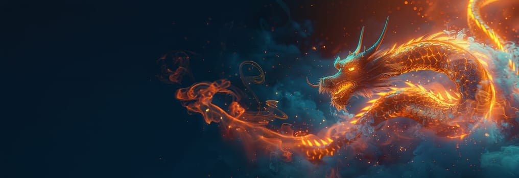 Chinese dragon neon glow and smoke. Chinese New Year 2024, Year of the Dragon animation, flickering colorful neon sign, Chinese Dragon with New Year greetings on black background loop on dark background neon