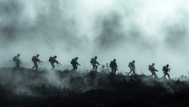 Silhouettes of army soldiers in the fog, marines team in action, surrounded fire and smoke, shooting with assault rifle and machine gun, attacking enemy War zone